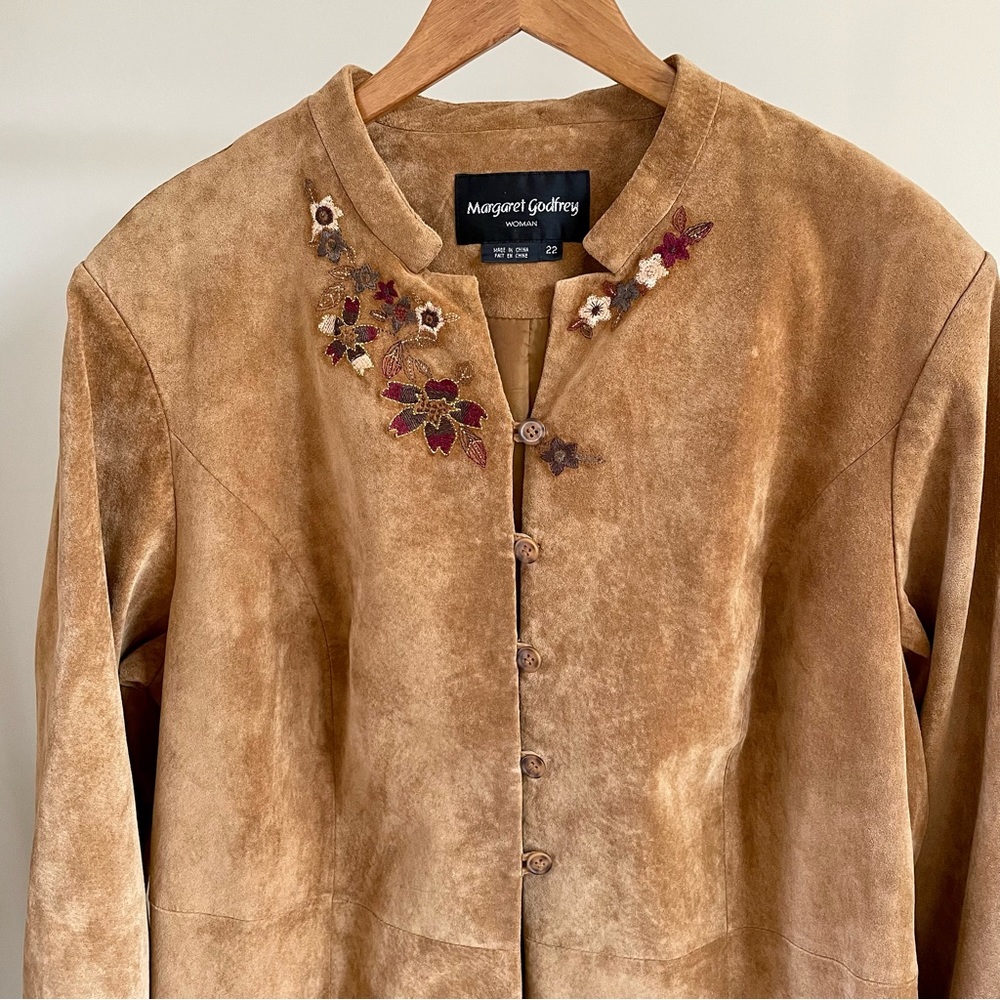 Vintage Suede Leather Embroidered Floral Longline Jacket in Camel - Picture 2 of 4